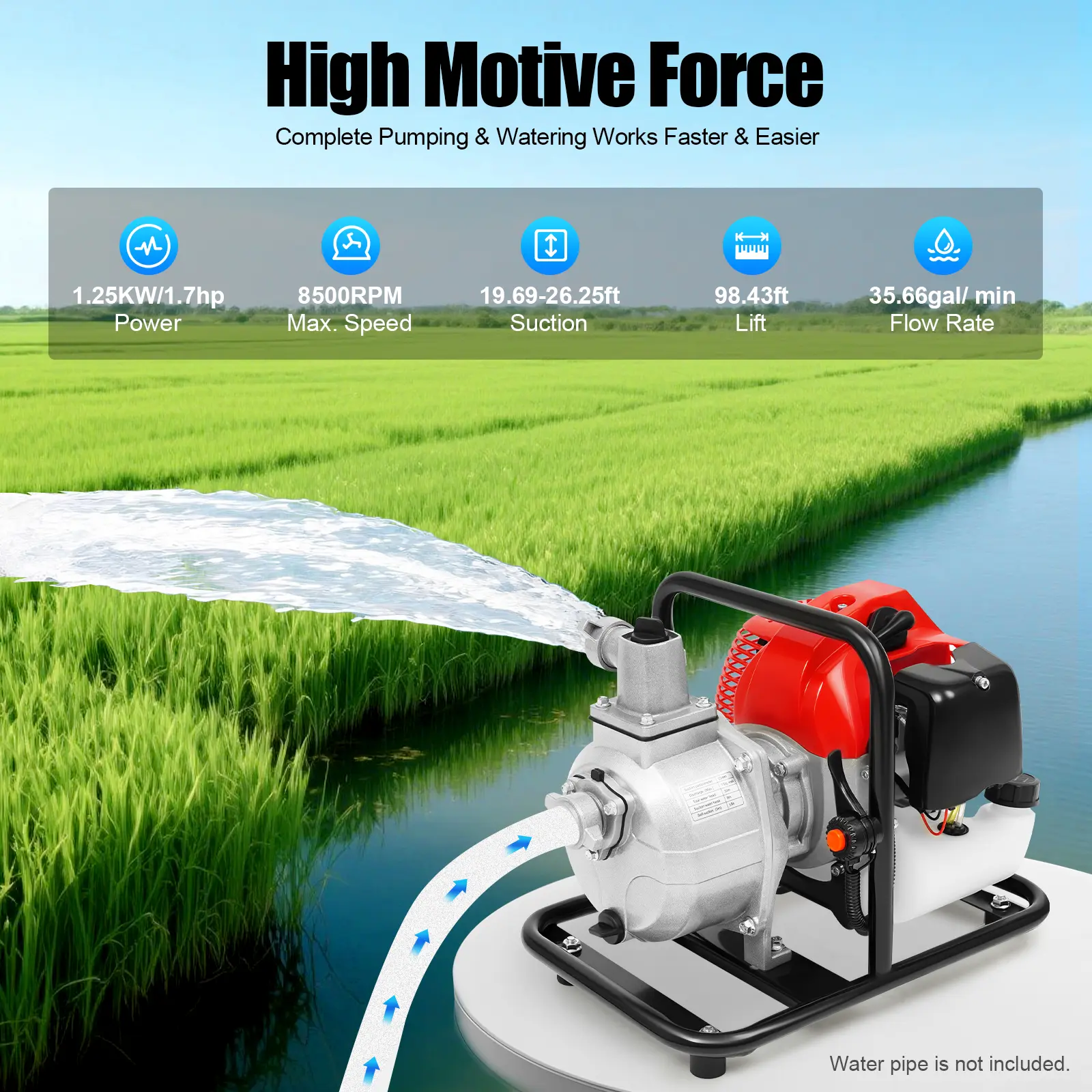 2-Stroke 43CC High Efficiency Water Pump, 1.25KW, 35.66gal/min, Swimming Pool Pump for Irrigation, Water Supply, Swimming Pool Pumps,summerwins