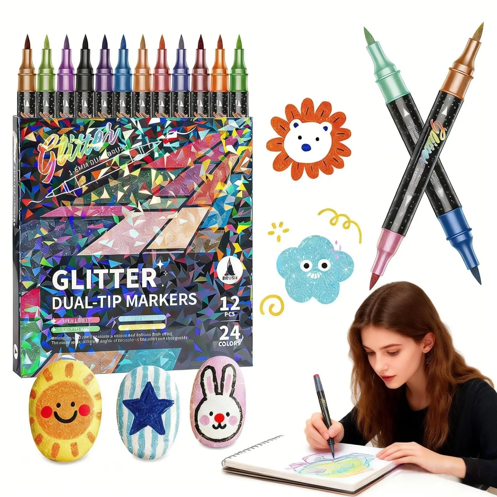 24/48 Colors Glitter Effect Brush Markers,Glitter Dual Tip Markers,Glitter Markers for Adults,Metallic Shimmer Pens Set for Coloring,Journals,Planners,Scrapbooking & Card Making