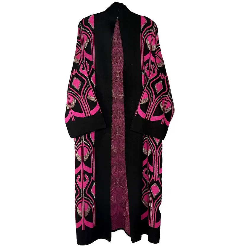 Modest Muslim Women’s Abstract Turkish Tulip Long Knitted Cardigan - Black & Pink