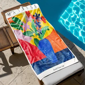 1 piece Matisse Blue Cornflower Vase Color Painting themed beach towel - Microfiber fluffy flannel sofa blanket, suitable for beds and sofas, modern design, all-season multi-purpose use, digitally printed pattern, 100% polyester material, machine