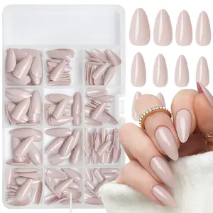 240pc Almond Press on Nails Medium Colored Fake Nail Tips Full Cover Artificial Fingernail French Stiletto Manicure with Adhesive Tabs for Women Girls Kids