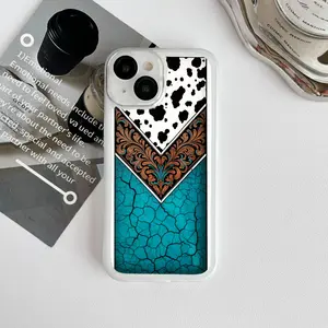 Clear Phone Case With Cow Print And Brown Ornamental Design On Teal Cracked Background For Iphone 17 16 Pro Air Plus Pro Max lovely gift shockproof slim durable cover gift beautiful aesthetic