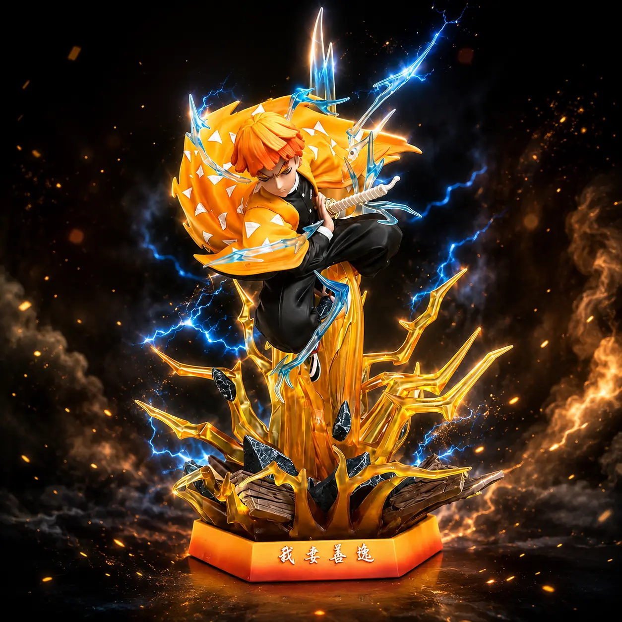 Demon Slayer Zenitsu Agatsuma Thunder Breathing Figure, PVC Anime Collectible Statue with Dynamic Thunder Aura, Sculpted Battle Scene Base, Detailed Display Model for Desk, Bedroom Decor and Anime Fan Gifts