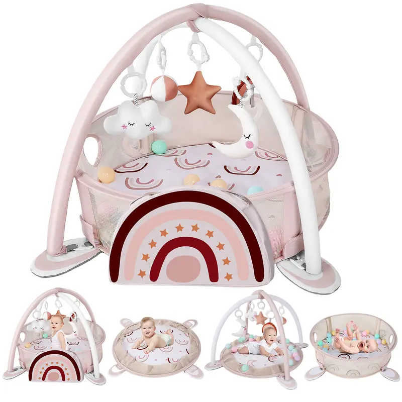 Dearlomum Unisex 4-in-1 Rainbow Baby Play Mat & Gym - Polyester Fibre Floor Activity Center, Tummy Time Ready Sensory Playset (70*50*50cm) with 30 Balls, 5 Sensory Toy Attachments, Baby Items for Newborn Toddlers, Playpen Gift