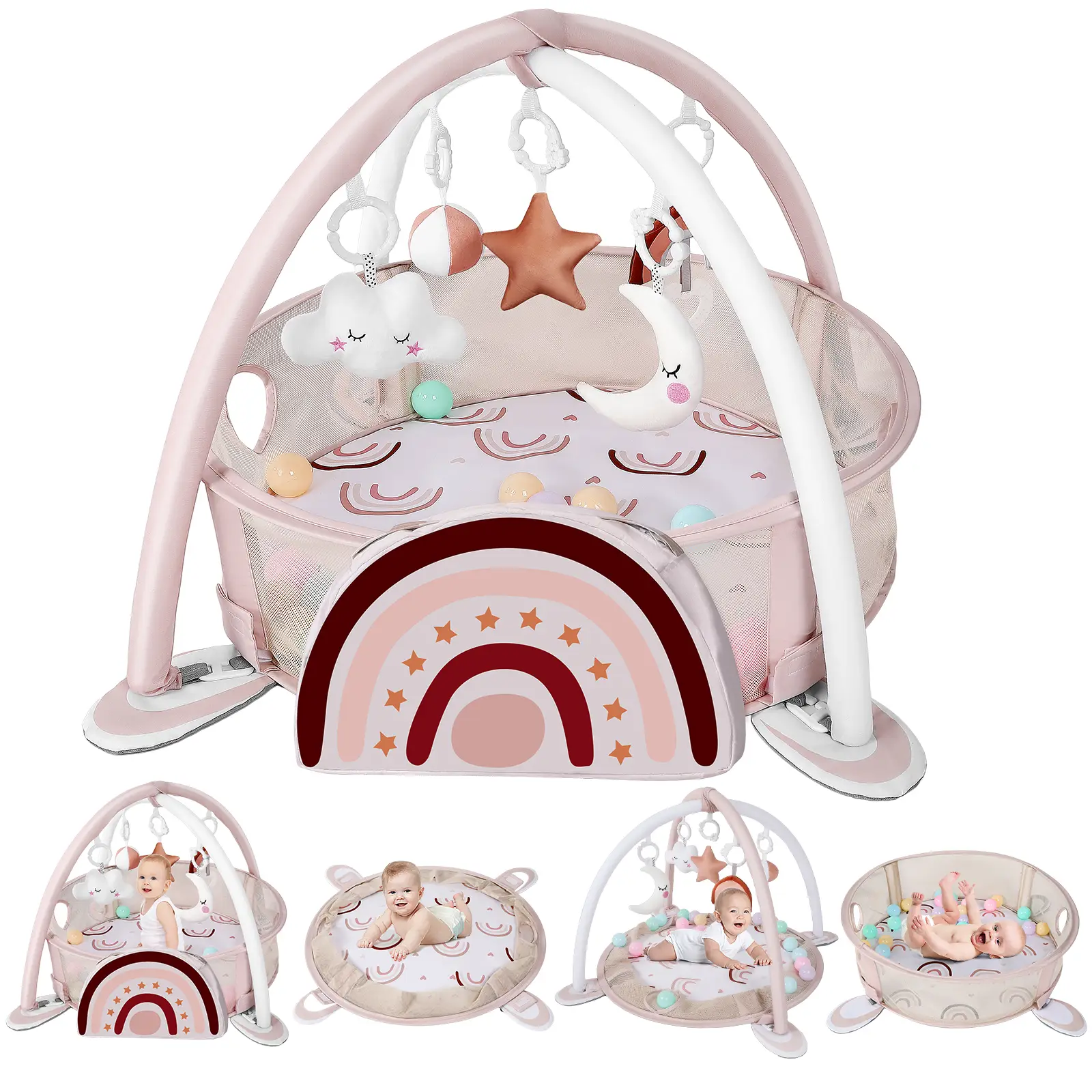 4-in-1 Baby Play Mat Baby Gym,Tummy Time Mat for Floor Activity Gym Ball Pit Including 30 Balls with 5 Infant Learning Sensory Baby Toys for Newborn T