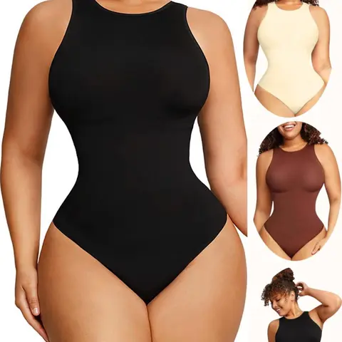 Women's Solid Round Neck Bodysuit, Casual Sleeveless Tummy Control Breathable Compression Bodysuit for Daily Wear, Women's Clothing for All Seasons, Compression Body Shaping