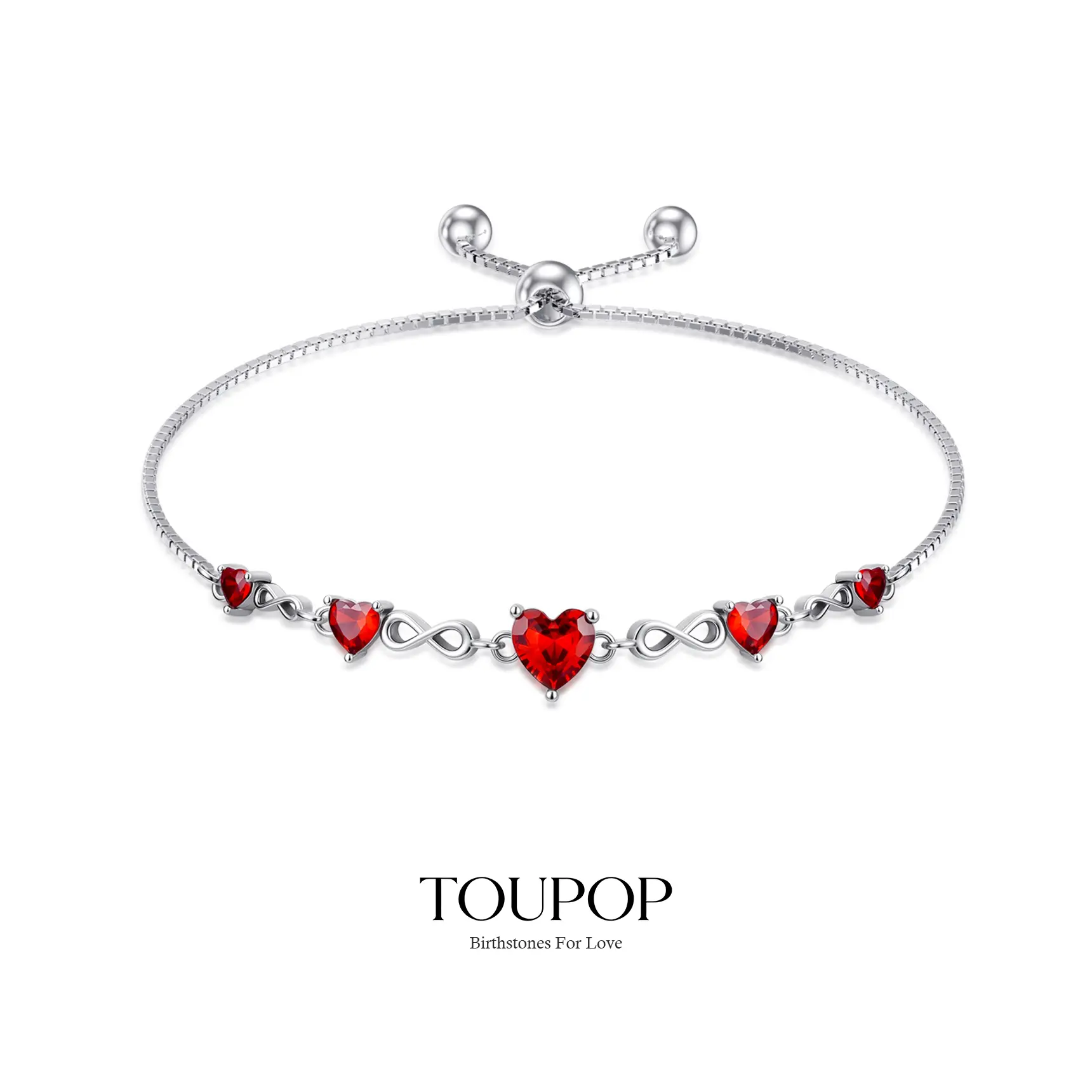 TOUPOP Birthstone S925 Sterling  Bracelet for Women, Infinity Heart Intertwined Gems Adjustable Bolo Link Fine Jewelry Gift for Mom Wife Daughter, Anniversary Birthday Romantic Keepsake Present