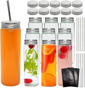 14 OZ Glass Juicing Bottles with Airtight Lids, Reusable Drinking Jars with Straw & Lids with Hole, Glass Water Bottles for Juice, Beverage, Smoothie, Tea, Kombucha, Homemade Drinks (10 Pack)