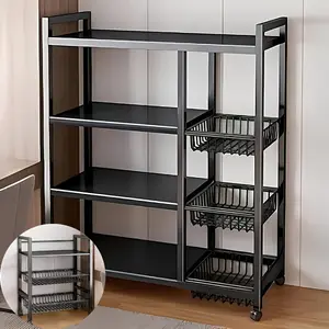 4-Tier Steel Rolling Portable Storage Rack with Smooth-Rolling Wheels & Baskets, Metal Utility Organiser Shelf for Kitchen Fruits, Utensils & Garage Tools Organization