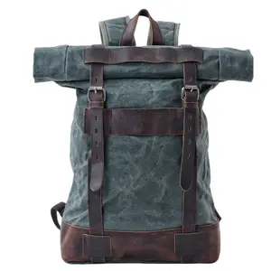Outdoor backpack, casual hiking roll-top backpack, large-capacity travel bag, canvas and leather combination mountaineering bag