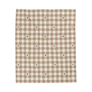 Neutral Gingham Hearts Velveteen Plush Blanket | Beige Check Cozy Throw