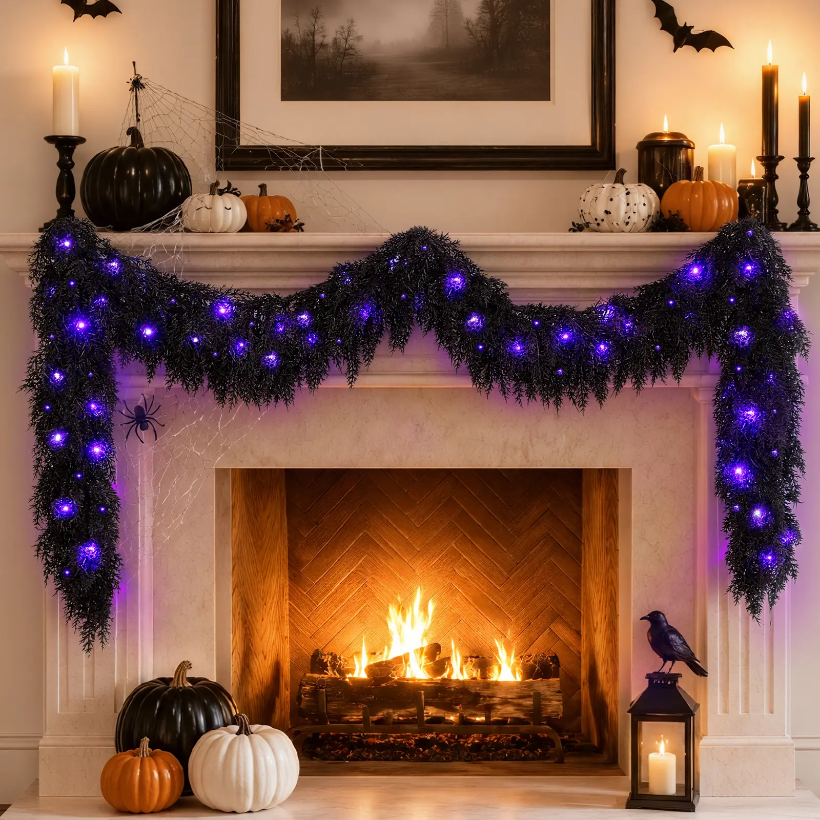 N&T NIETING 9FT Black Cedar Garland with Blue LED Lights – Artificial Halloween Garland for Fireplace Mantel, Staircase, Porch & Spooky Gothic Home Decorations