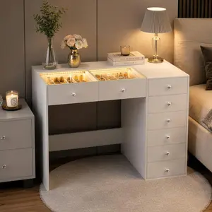 VANITII White Dressing Table with Adjustable LED Lights, 8 Storage Drawers, Makeup Vanity Desk for Bedroom
