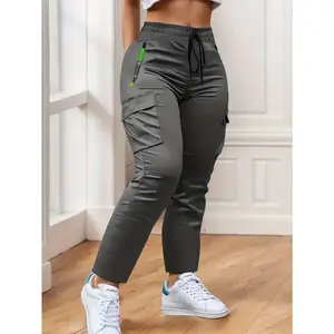 Women's Rugged Utility Cargo Pants: Multi-Zippered Pockets & Vibrant Green Trims – Full-Length Trousers Ideal for Outdoor Adventures, Travel & Daily Casual Use (Spring/Fall) – Adjustable Belted Waistband with Drawstring & Anti-Slip Leg Design