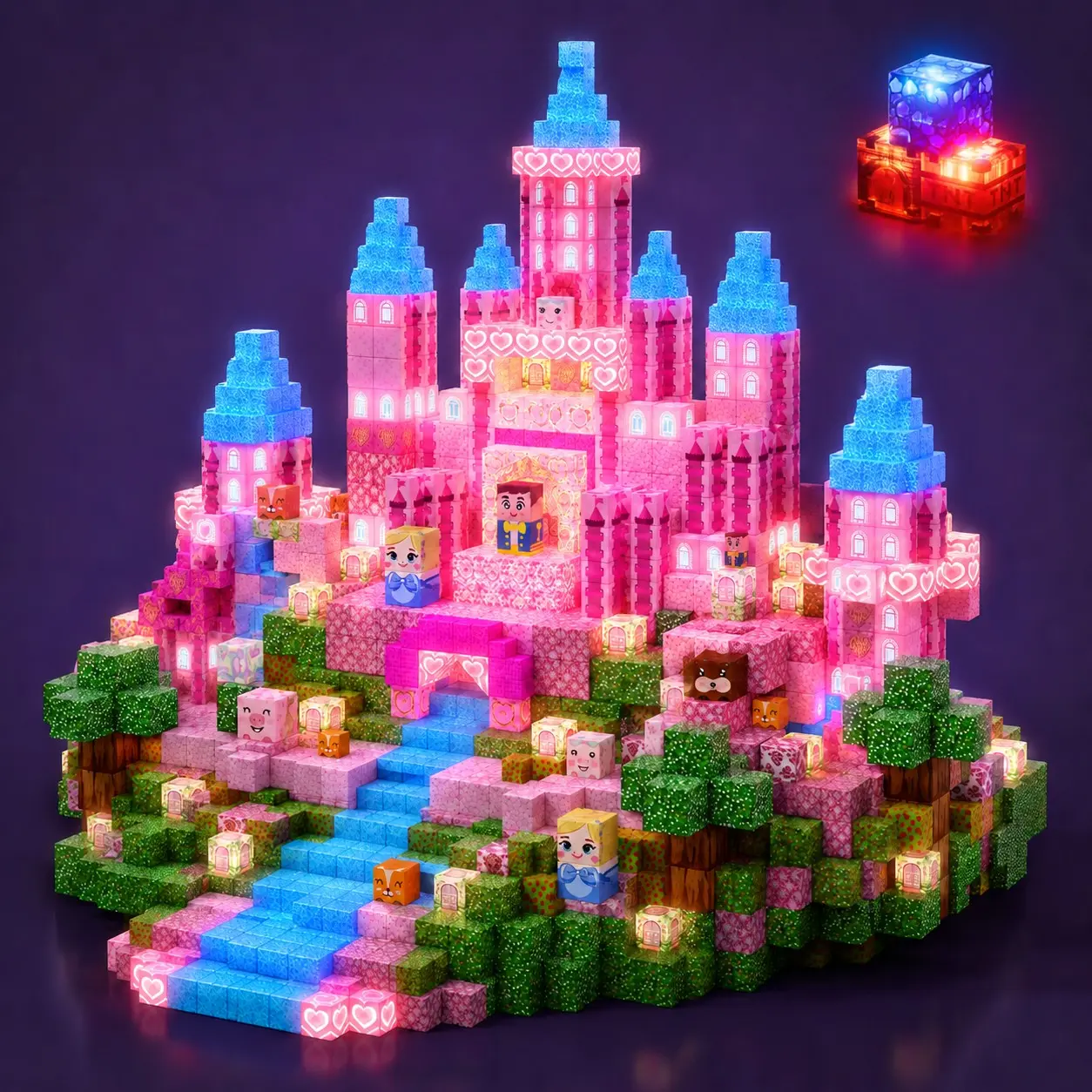 Glow in the Dark Magnetic Building Tiles 200/150/100 PCS, Light Up Pink Princess Castle for Kids, STEM Montessori Sensory Toys, Large Magnetic Construction Blocks for Age 3+ Girls Boys, Easter Christmas Birthday Gift