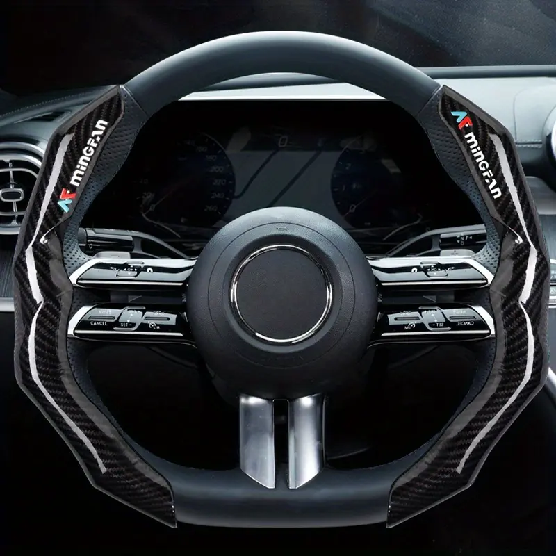 Glossy Carbon Fiber Car Steering Wheel Cover, Car Steering Wheel Insert Accessories, Auto Interior Accessory, Snap-On Design, Quick Installation, Snug Fit, Anti-Slip Mesh Lining