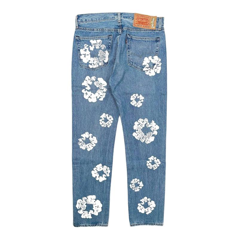 Denim Tears x Levi's 501 Cotton Wreath Logo Jeans Light Wash Indigo White
