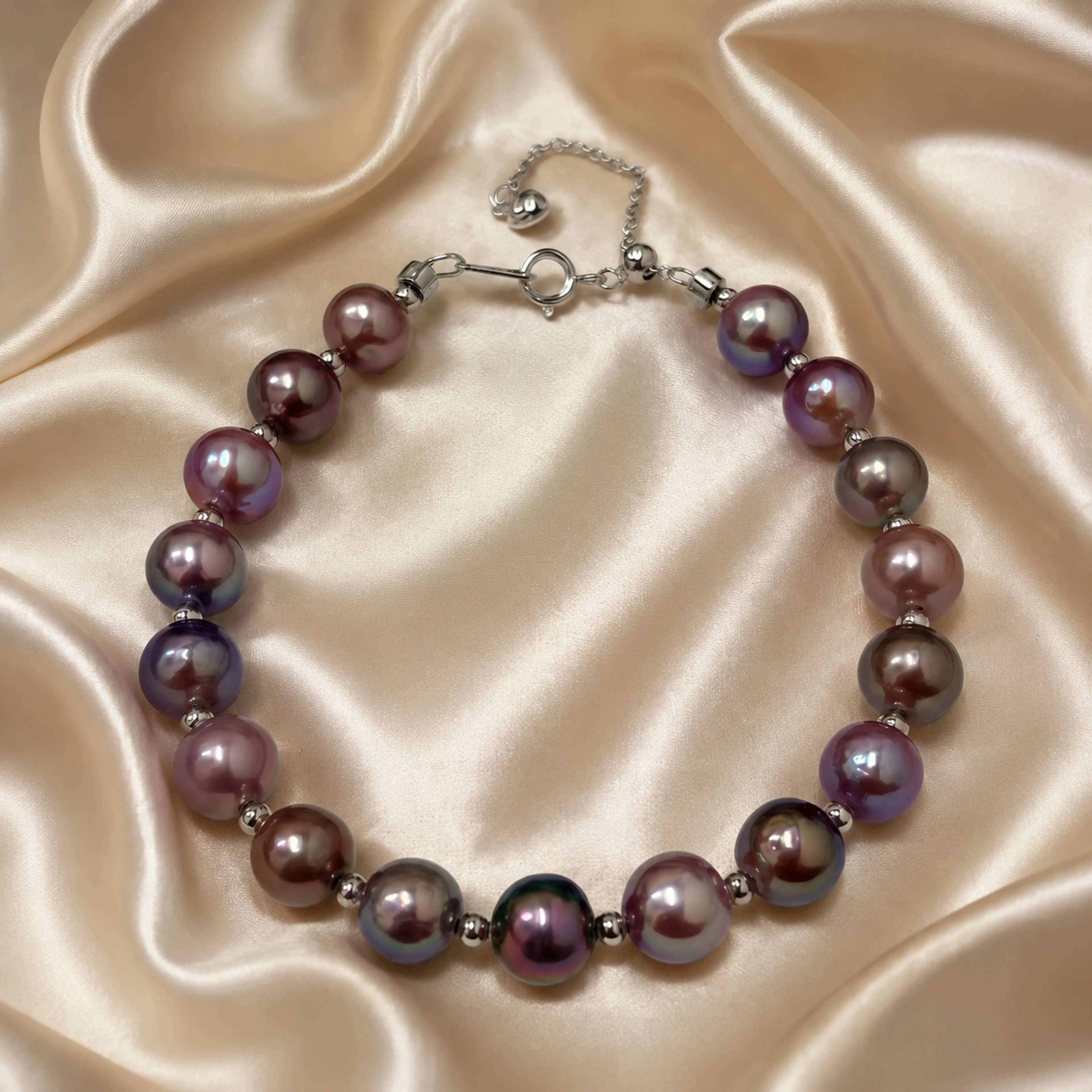Edison Pearl Bracelet 7-8mm Multicolor Purple Freshwater Pearls S925 Sterling Silver Chain Adjustable Round Pearl Bracelet Luxury Fine Jewelry Gift for Women