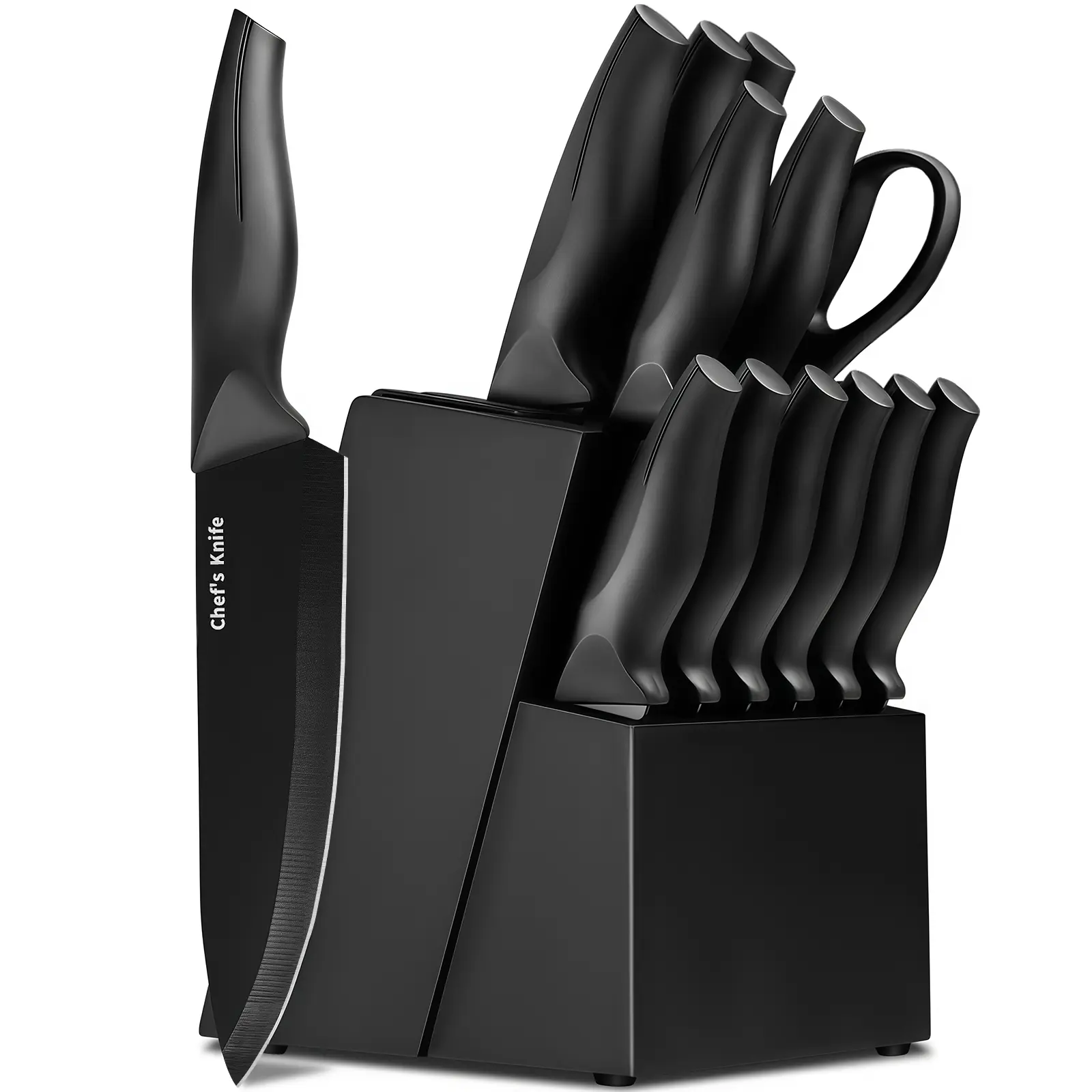 14-Piece Self-Sharpening Stainless Steel Knife Set for Home Kitchen, Black Knives with Storage Block, Built-In Sharpener, ABS Ergonomic Anti-Slip Handles, Dishwasher Safe for Slicing and Cutting sohochic