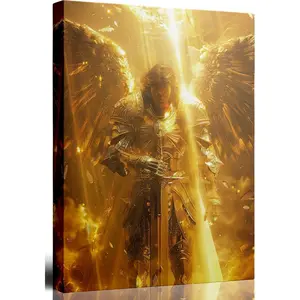 Golden Archangel Michael Canvas Wall Art - 12x16 Inches Framed Angel Warrior Wall Decor Preparing to hang - Christian Spiritual Religious Artwork for Living Room Bedroom Prayer Room