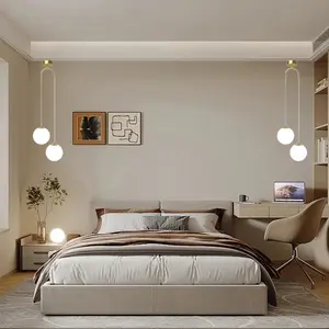 Nordic Bedroom Bedside Pendant Light, Modern Simple Living Room Background Wall Lamp, Dual Head Plastic Round Ball Creative Hanging Line Light, Modern Nightstand Lamps