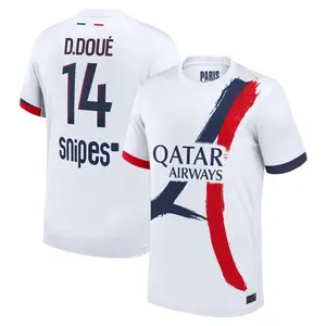 White Color PSG D. Doué Away Soccer Shirt, PSG D. Doué White Away Color Short Sleeve Soccer Jersey