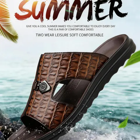 Men's Summer Basic Leather Slide Sandal Footwear - Elegant, Minimalist, Lightweight, Soft, Breathable, Arch Support, Flexible, Ankle-Friendly, Fits Wide/Narrow Feet, Slip-On, Anti-Slip Fashion Slippers, Casual Use