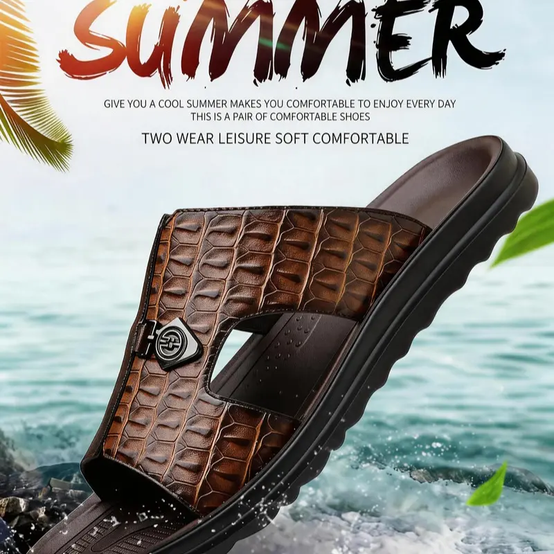 Men's Summer Basic Leather Slide Sandal Footwear - Elegant, Minimalist, Lightweight, Soft, Breathable, Arch Support, Flexible, Ankle-Friendly, Fits Wide/Narrow Feet, Slip-On, Anti-Slip Fashion Slippers, Casual Use