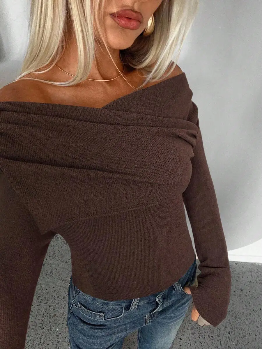 Aloruh Women's Off-The-Shoulder Long Sleeve Knit Top - Polyester Fabric, Casual Knitwear, Chic Fit, Dark Brown, Shoulder Cutout, Autumn Fall Winter, Night Out Office Wear, Longsleeves