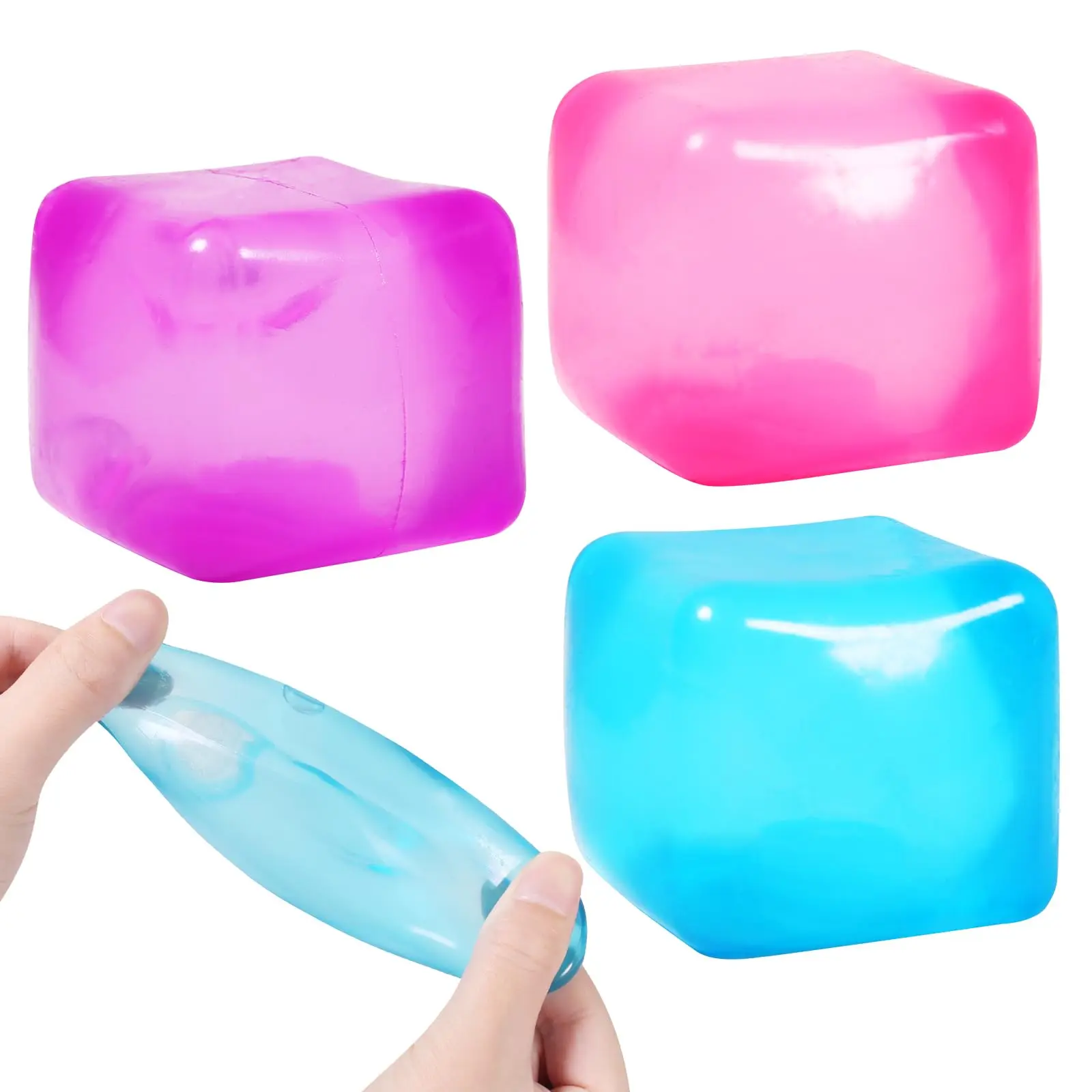 Squishy Stress Cube Fidget Toy - 2.35 Inches Square Shape, High-Density Goo Fillings, Unisex Anxiety Relief & Sensory Needs Solutions, Airplane-Classroom Friendly, Concentration Boost, Pink/Purple/Blue Classic Novelty Toy