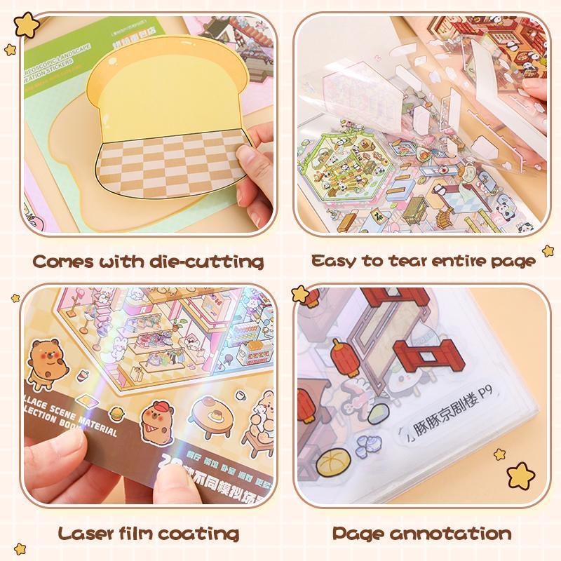 DIY 3D Sticker Scene Collection Book，Mini Scenery Sticker Book, 1 Set Miniature House Sticker with 20 Scene Cards and 30 Stickers, Journal Supplies, Cartoon Stickers, Decorative Scrapbook, Artistic Craft, Phonecase Sticker Collection