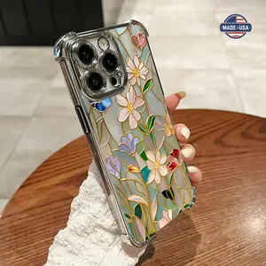 Stained Glass Flowers Pattern Four Comers Air Cushion Anti-drop phone case Suitable for iPhone 16 15 14 13 12 11 Pro Max Plus electroplated anti drop case Screen Protector Protection Protective Cover Smartphone Casing Cellphone Shockproof