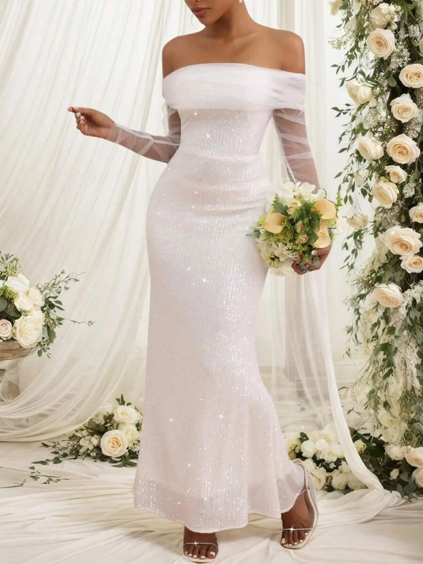 Women's Off Shoulder Glitter Gown, Mermaid Cut Formal Wear with Sheer Tulle Sleeves for Weddings and Romance, Sequin, Elegance, Mesh, Longsleeves, Wedding Guest Dresses, Fishtail, Contrast Sequin, Polyester Blend, Flattering Fit