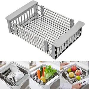 Adjustable Stainless Steel Over Sink Drying Rack – Expandable Dish Rack for Sink or Countertop – Rust-Resistant, Heavy-Duty & Easy to Clean,Portable & Telescopic Space-Saving Solution for Fruit Vegetable