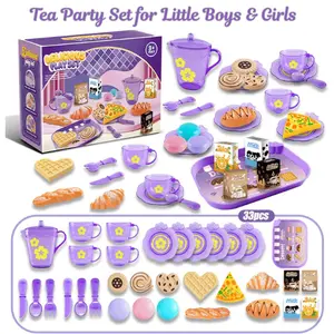 Tea Party & Pretend Play Kitchen Food Toy Set – Safe Mini Kitchen Cooking Set for Kids Age 3–9 – Pretend Dessert & Kitchen Play Toys, Purple – Easter Gift for Girls & Boys