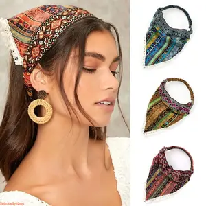 3-piece women's headband and scarf set – elastic headband/scarf style, large ethnic-style triangular scarf, with clips and anti-slip design.