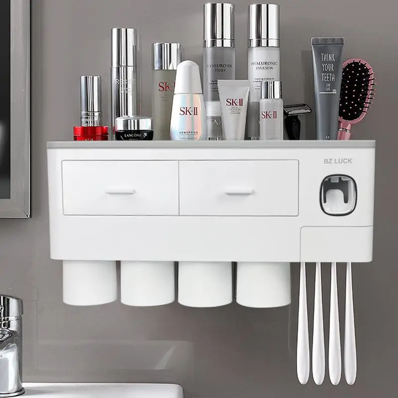 2-4 Cup Toothbrush Holders for Bathrooms - Wall Mounted with Toothpaste Dispenser - CosmeticDrawe, Large Capacity Tray & Bathroom Accessories Bottles