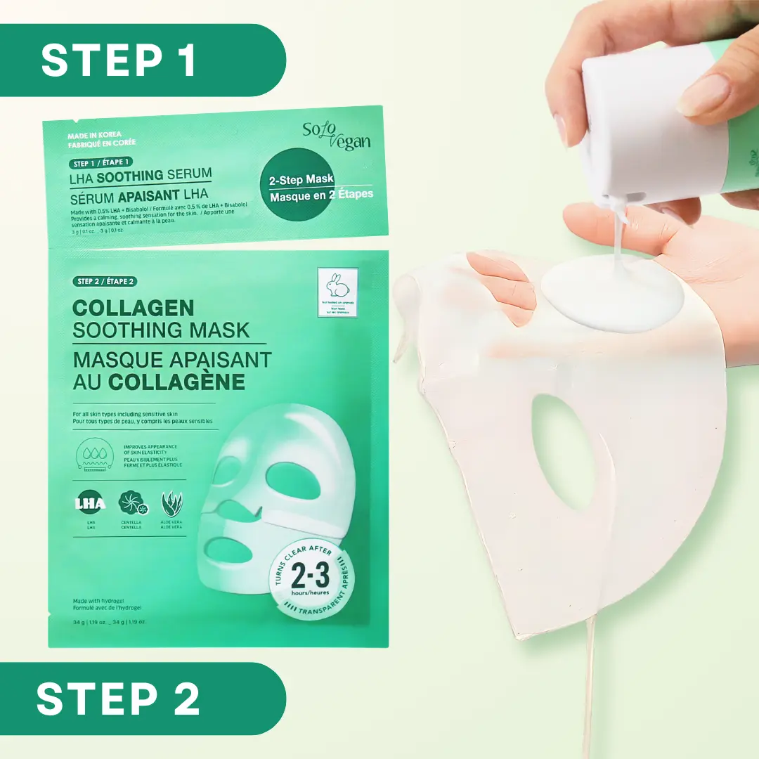 SoloVegan 2-Step Soothing Hydrogel Collagen Face Mask with 0.5% LHA, Bisabolol, Skin Repair Treatment for Sensitive Skin, Redness Relief, 1.19 oz, Hydrogel Skin