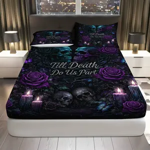 3Pcs Gothic Floral Skull Fitted Sheet Three Piece Set (1*Fitted Sheet+2*Pillowcases, Coreless), Halloween theme, Purple Candle Bedding Set, Mattress protector Soft, Breathable