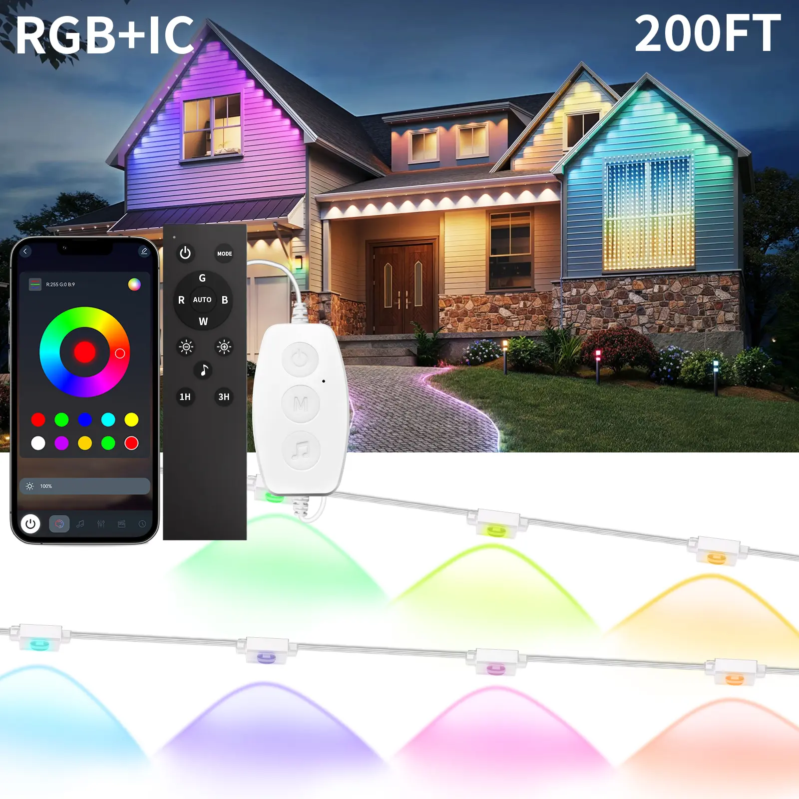 200FT 100FT 50FT 16FT RGB+IC Eave DIY Lights Outdoor Permanent  LED Colorful Eaves IP67 Waterproof Under Eave String Lights with Remote Smart APP & Button Control for House & Garden Christmas Gifts