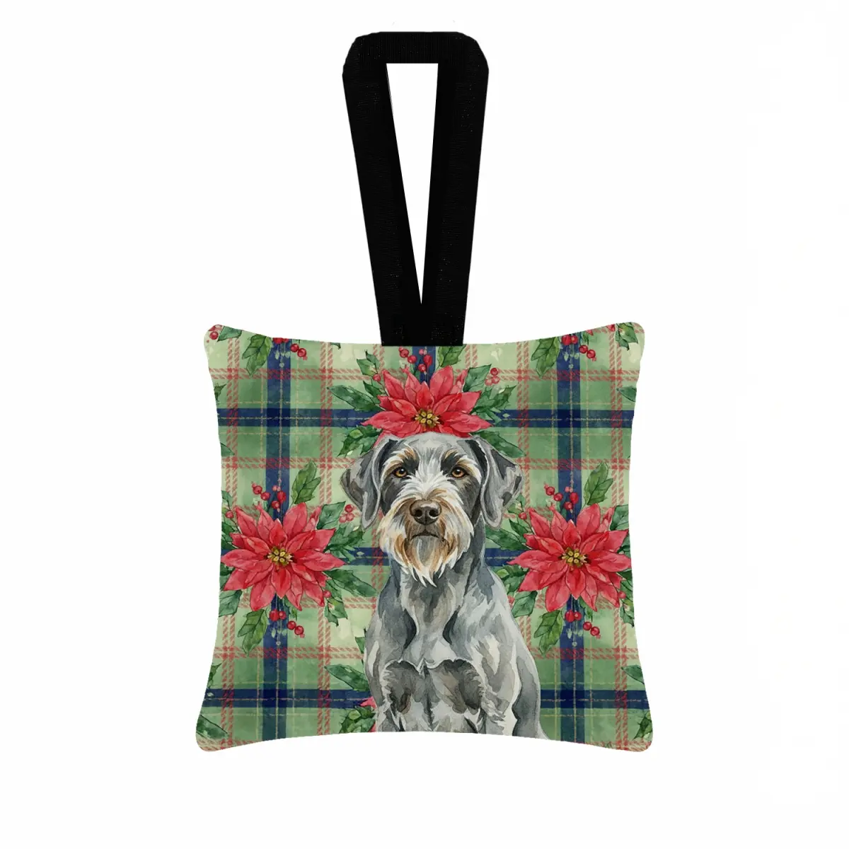 Carolines Treasures WDK8860PO3 3.5x3.5 inches Decorative Steel Gray Wirehaired Pointing Griffon Christmas Poinsettias Flower Prints Hanging Square Fabric Ornament - Lightweight Traditional Home Supplies Tree Decor, Festive Gift