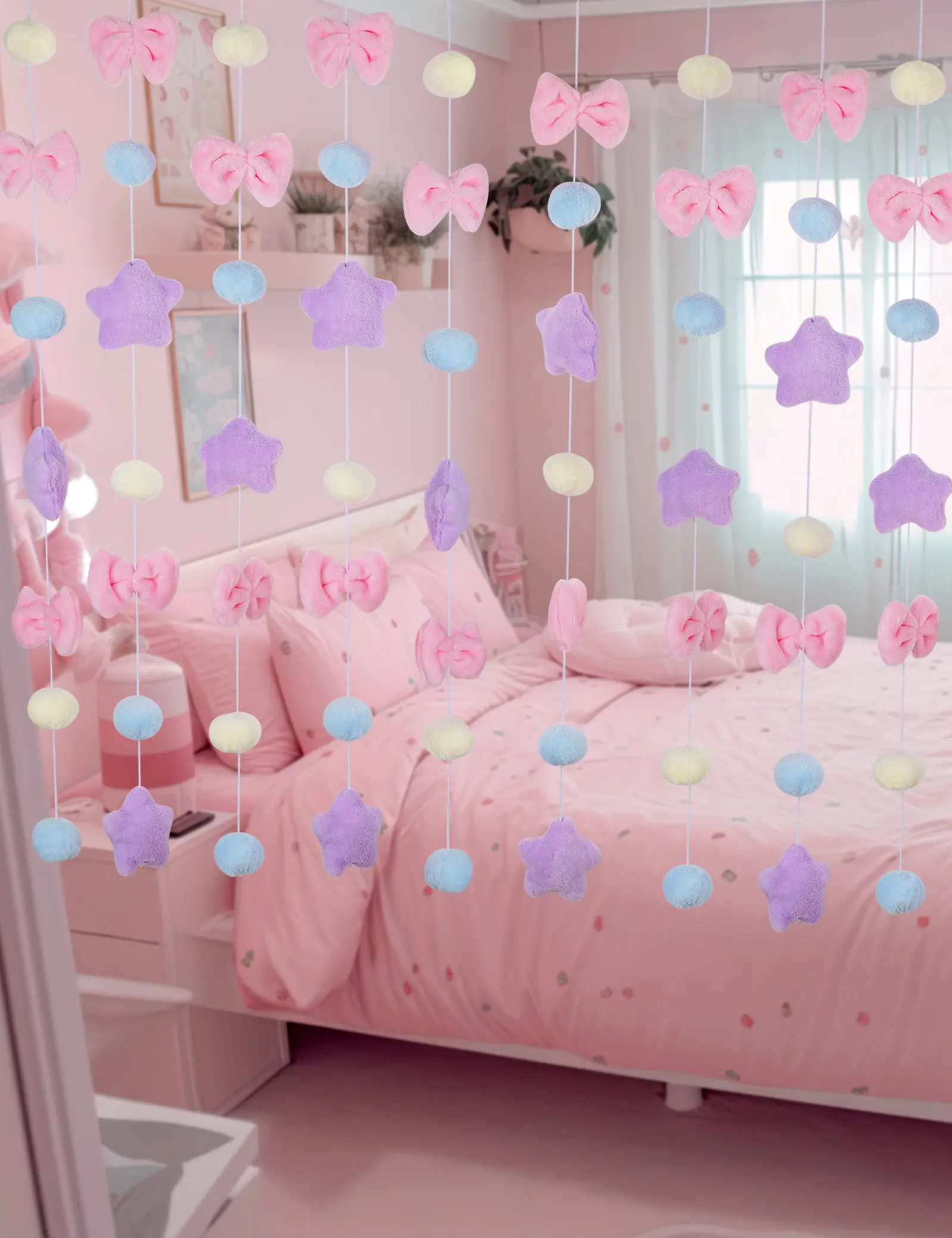 NiHome Fluffy Plush Doorway Curtain,Cute Hanging String Garland Kawaii Wall Hanging Home Decor for Room,Plush Bowknot Pentacle Garland Curtain