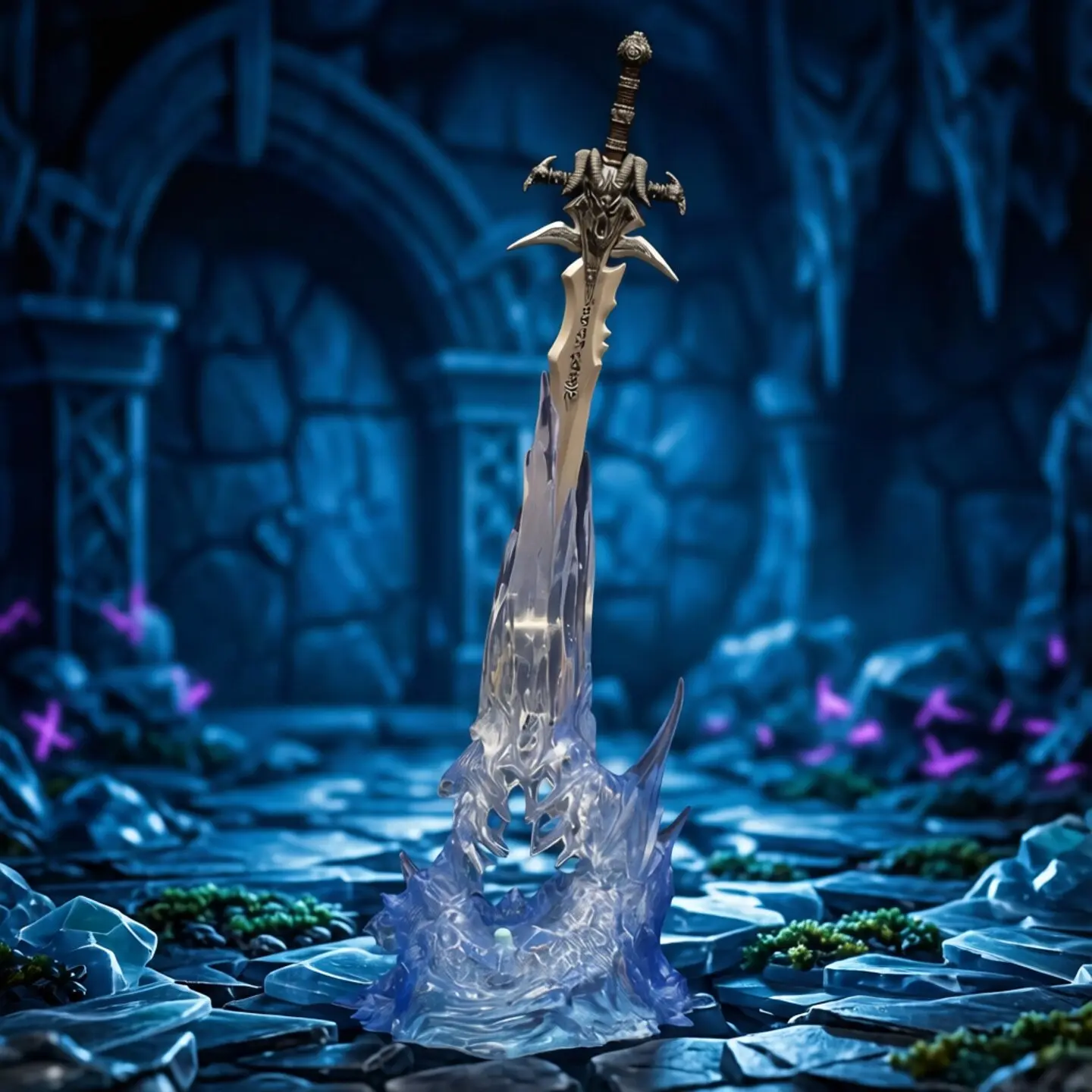 Frostmourne Sword Lich King Collectible Desktop Decoration with Glowing Crystal Ice Base, Cool Ambient Night Light for Gaming Setup, Ideal Birthday Holiday Gift for Warcraft Gamers & Fantasy Collectors