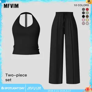 Women's Solid Halter Neck Top & Wide Leg Pants Sports Set by MFVIM - Casual Sleeveless Top & Pants for Daily Outdoor Wear, Ladies Sportswear for Tennis & Running, Workout Clothing Sweat Suit Sporty Style, 2 Piece Sets, Gym Outfits
