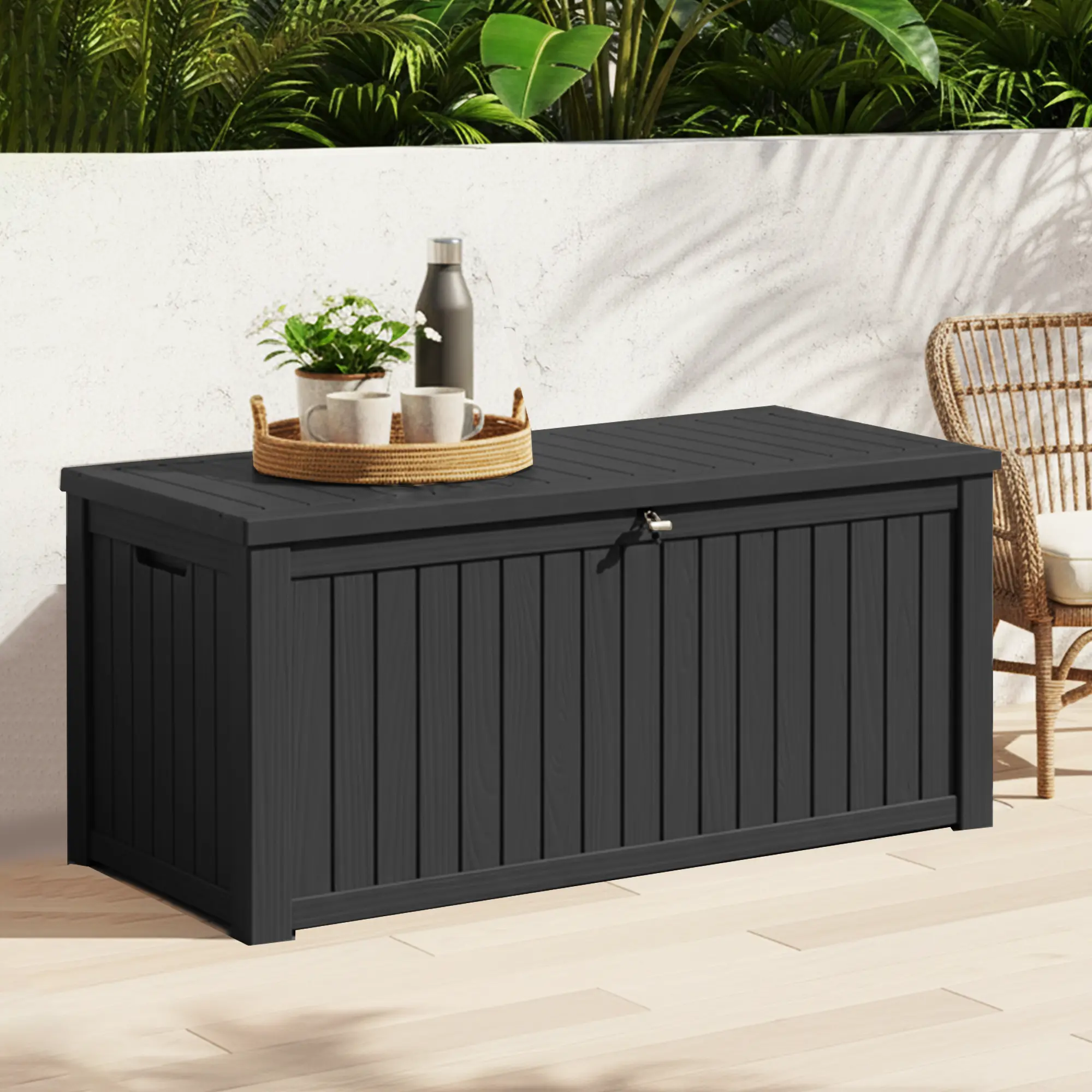BIFANUO 200 Gal Multifunctional Resin Rattan Deck Box - Weather Resistant, Waterproof Outdoor Patio Storage for Gardening, Pool Supplies, Lockable Indoor Essentials, Black