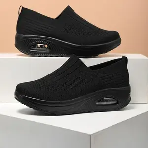 Women's Air Cushion Flying Woven Fashion Chunky Sneakers, Breathable Slip-on Casual Walking Shoes