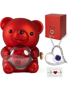 Romantic teddy bear with preserved roses and a heart-shaped moon Charm Necklace, Jewelry gifts, real roses in a gift box, perfect for women, a bear and rose gift suitable for Valentine's Day, anniversaries, birthdays, Christmas, red