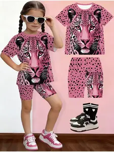 Fashion Girls' T-Shirt and Shorts Set, 3D Print Short Sleeve Top with Printed Shorts, Perfect for Outdoor Activities, Ideal Gift for Kids