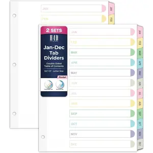Monthly Binder Dividers for 3-Ring Binder, Jan-Dec 12 Tab Dividers with Customizable Table of Contents, Multicolor Tabs, Reinforced Holes, Letter Size, Pastel, 2 Sets