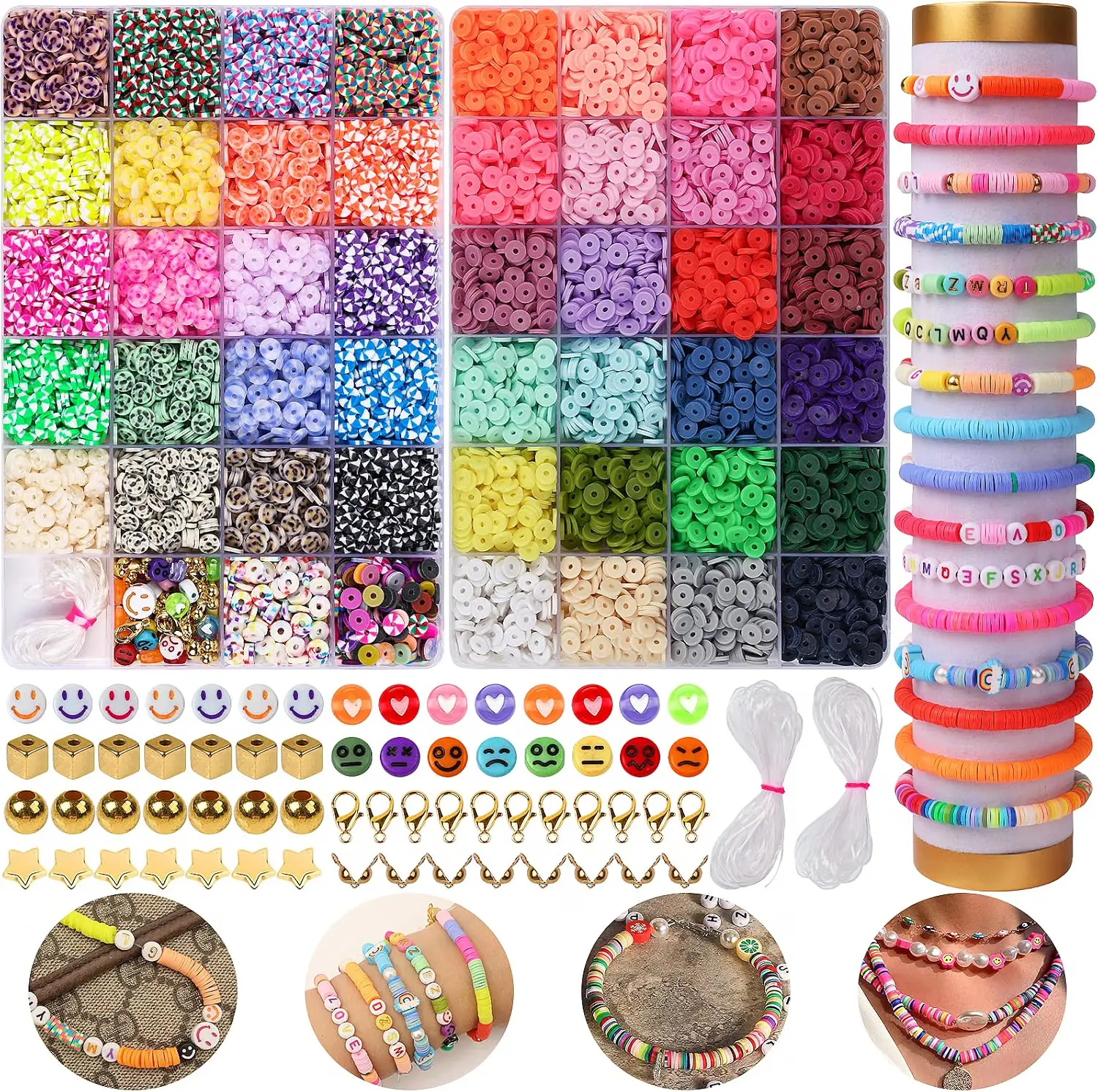 10000PCS Clay Beads Bracelet Making Kit,46Colors Clay Beads Kit Flat Friendship Polymer Heishi Beads for Jewelry Making with Rich Jewelry Making Accessories for Crafts Gifts